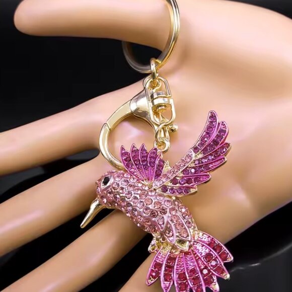 Pink Hummingbird Keychain for Women Men Rhinestone Gold Color Alloy Animal Birds - Picture 3 of 7